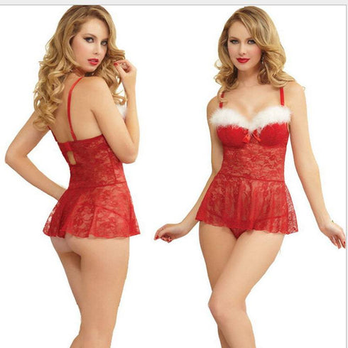 Women's White plush lace Christmas Lingerie